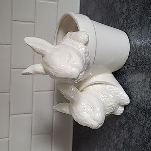 Vintage Ceramic White Dual Bunny Planter